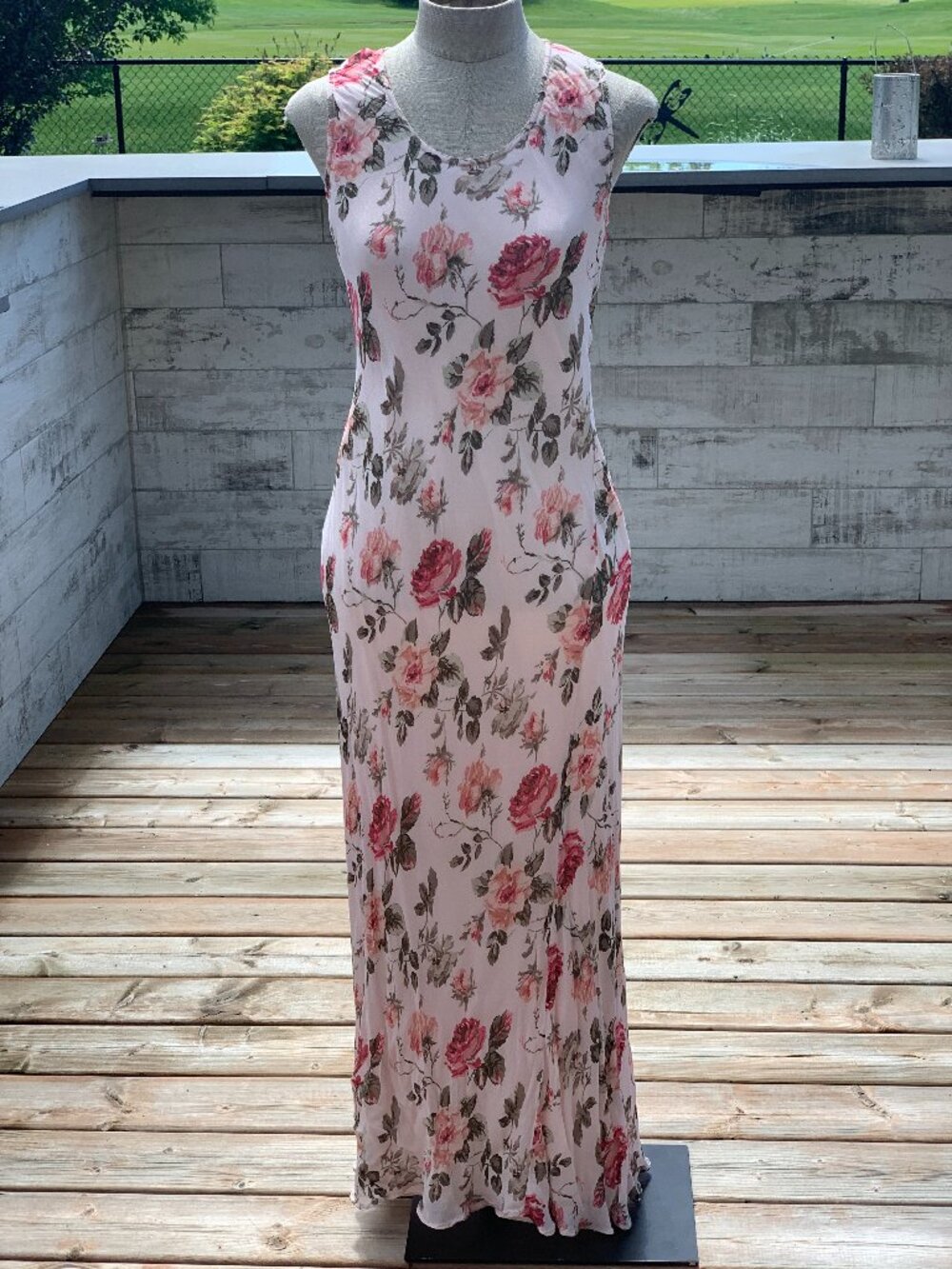 Vintage Slip Dress M Pink Floral Sheer Ruffle Hem Maxi 90s Romantic Boho Fairy